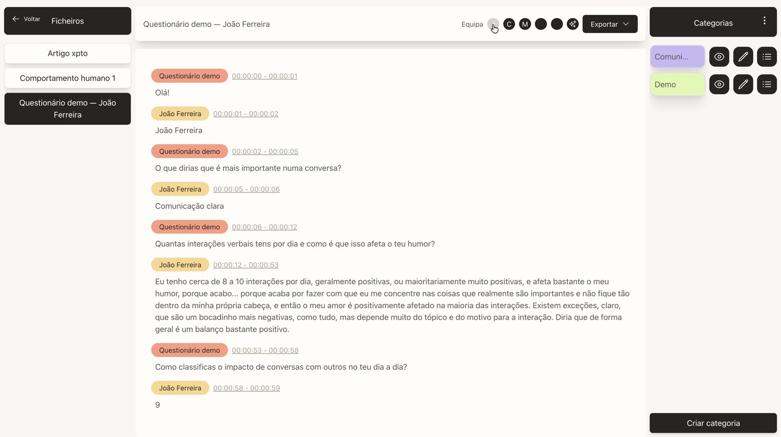 Botões de equipa e menu Exportar para Word e PDF