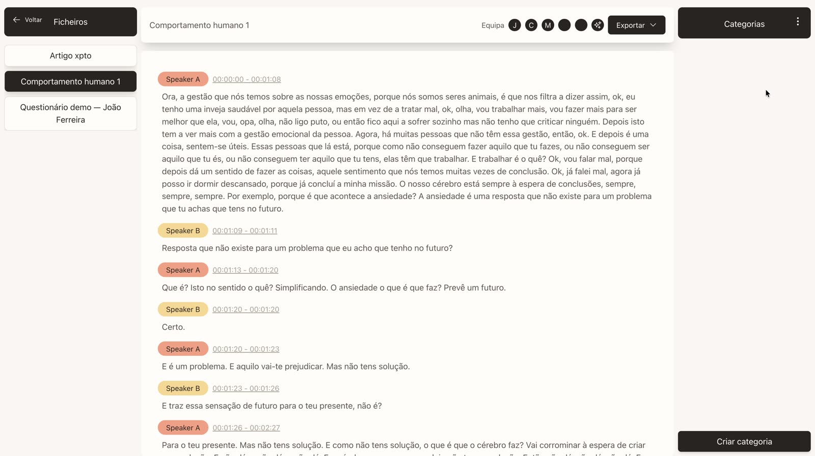 Codificador com a lista de ficheiros e uma transcrição aberta