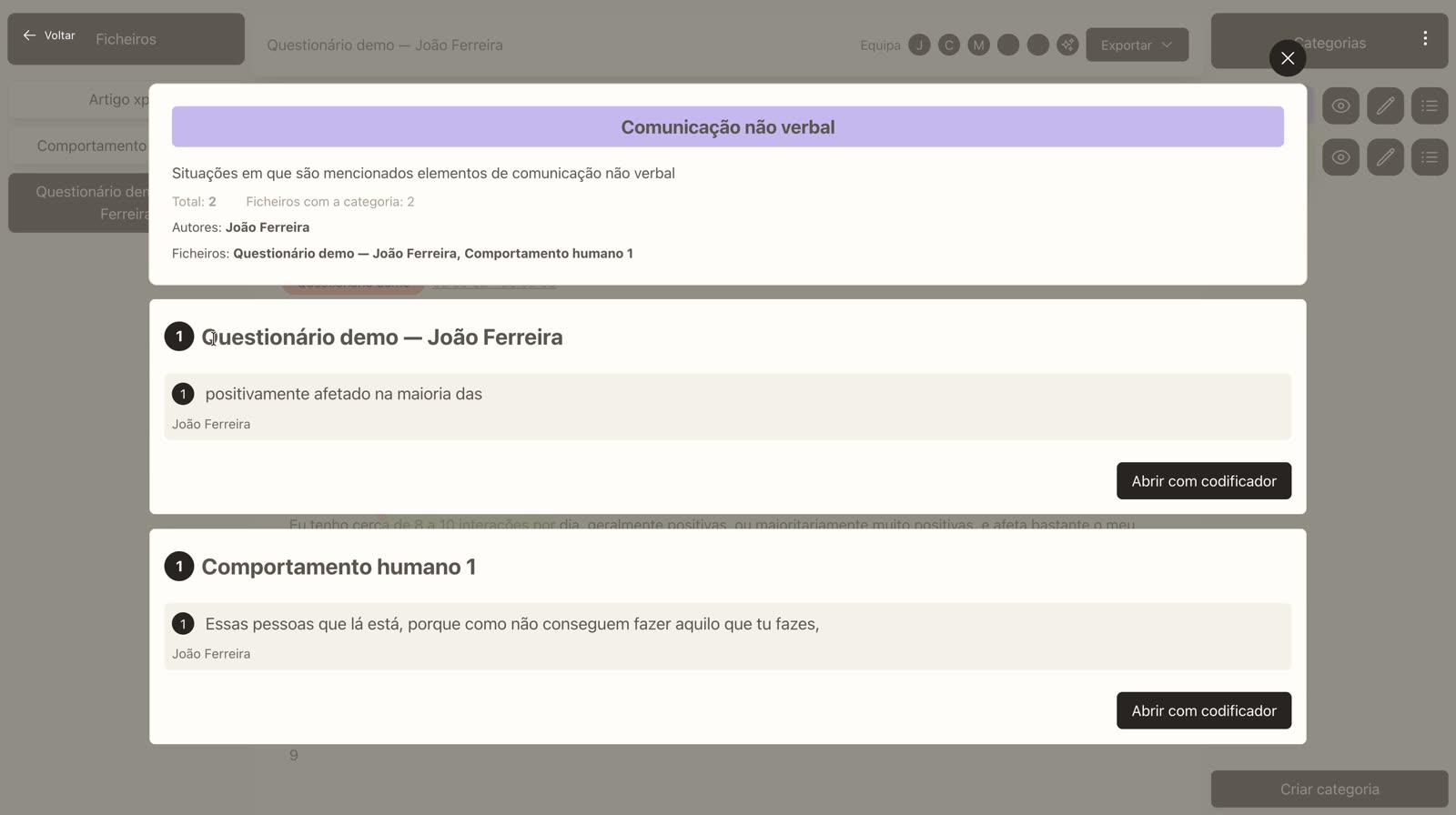Lista de marcações de uma categoria por ficheiro