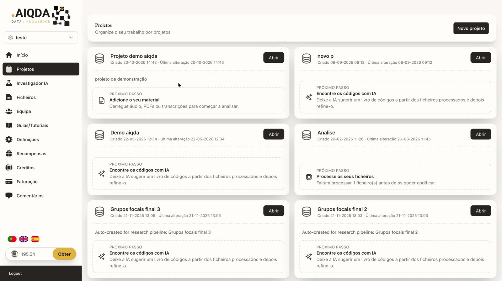 Lista de projetos do AIQDA com o botão Abrir