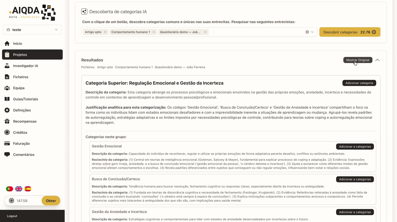 Categorías sugeridas por la IA agrupadas en una categoría principal