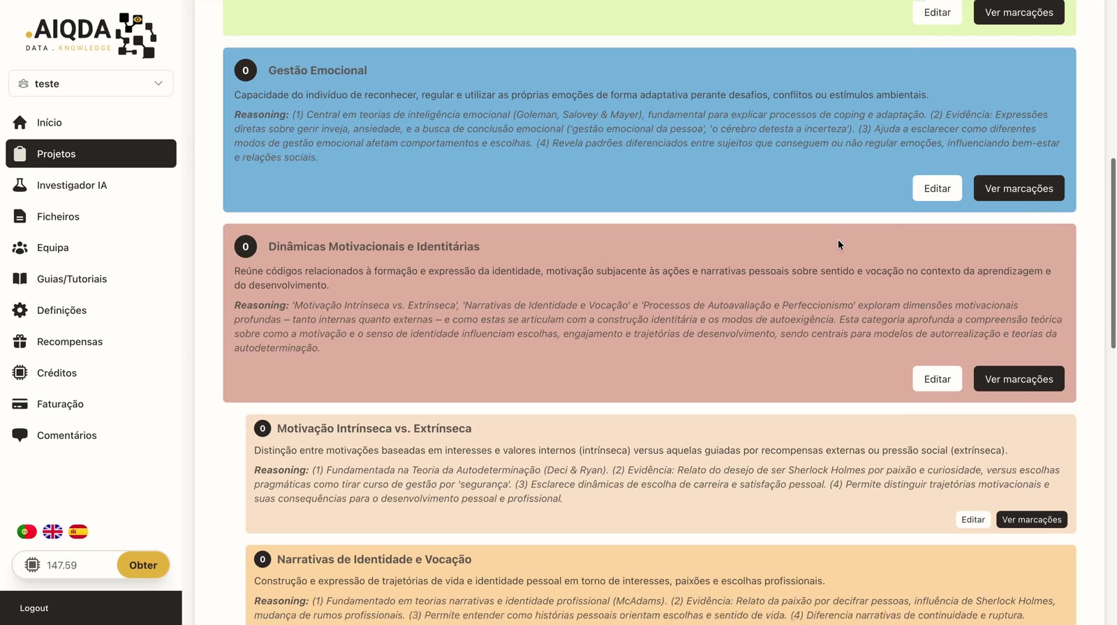 Livro de códigos com categorias superiores e subcategorias