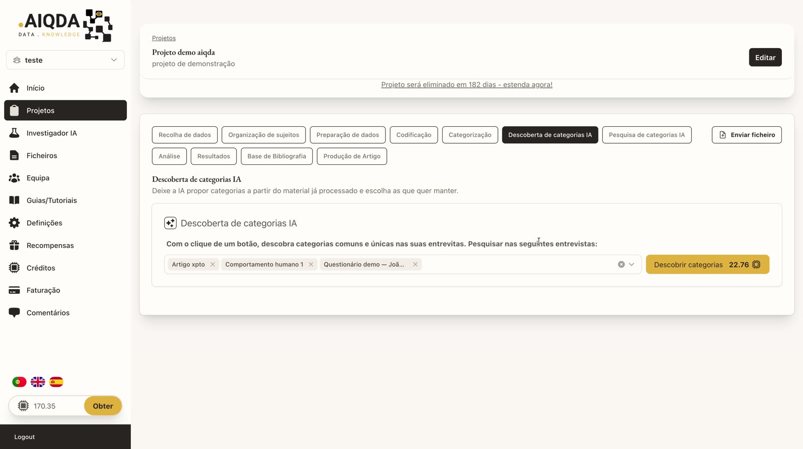 Descoberta de categorias IA com ficheiros selecionados