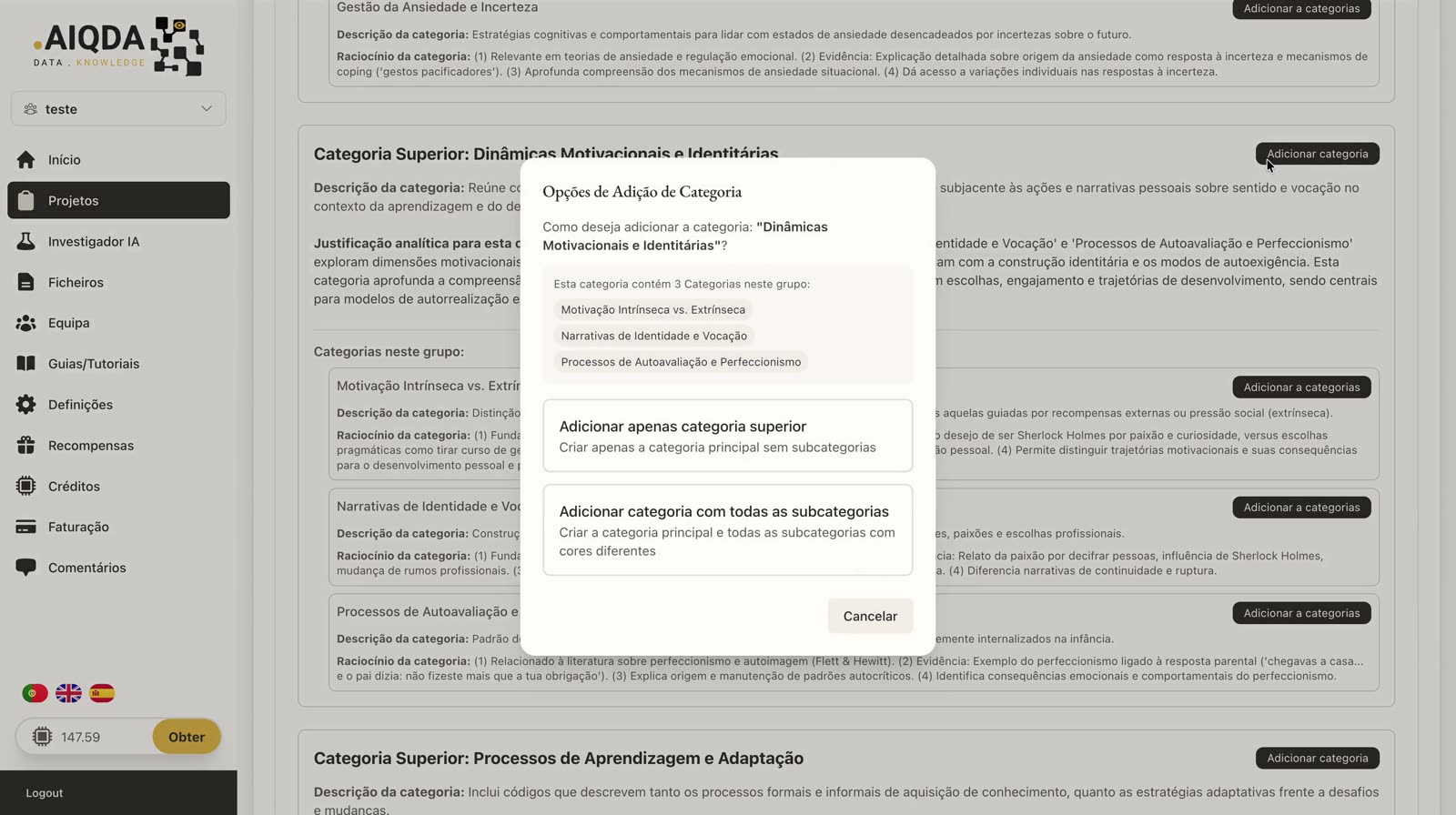 Opções de adição de categoria superior
