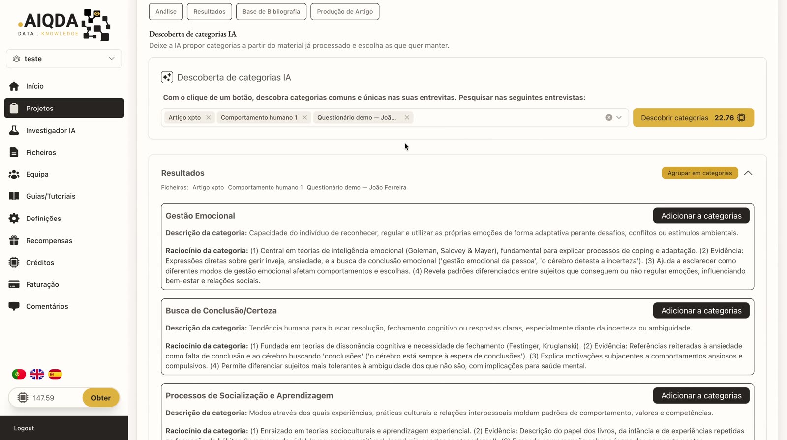 Categorias sugeridas pela IA com descrição e raciocínio