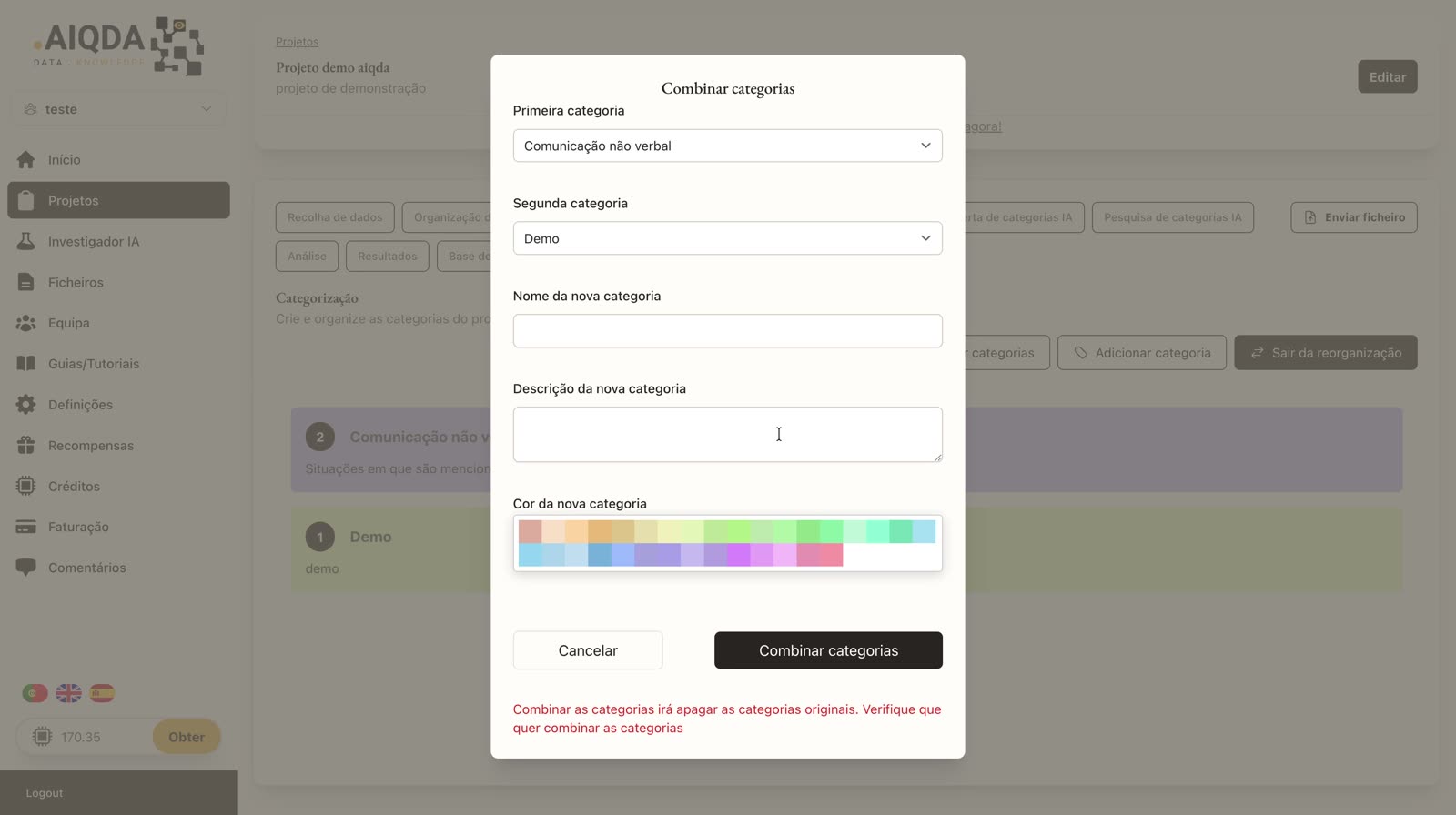 Janela Combinar categorias