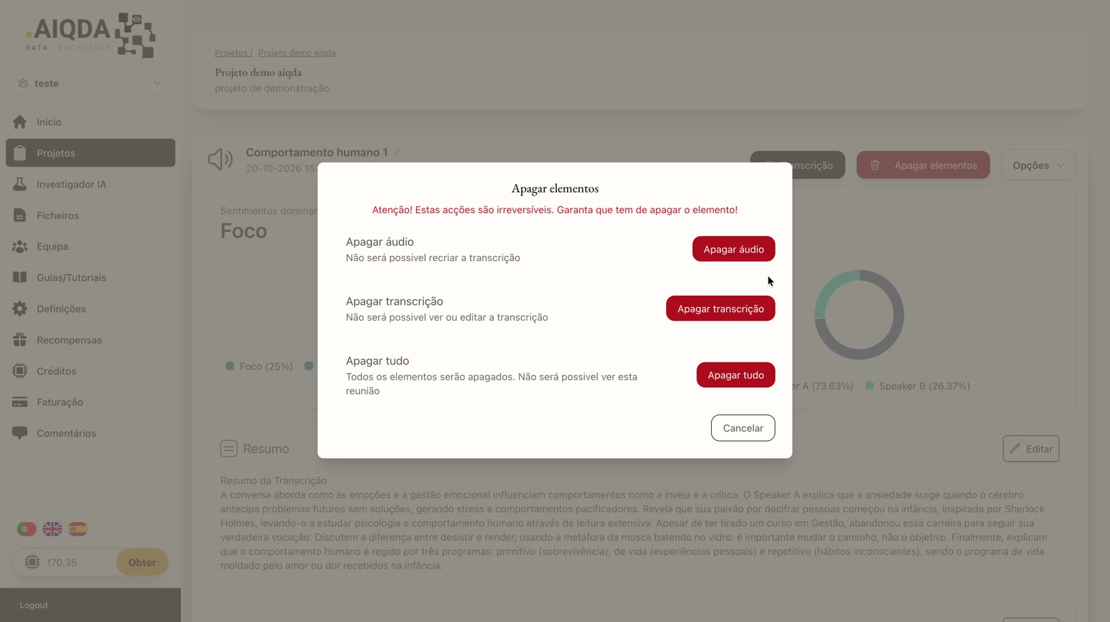 Ventana Eliminar elementos con opciones para eliminar el audio, la transcripción o todo