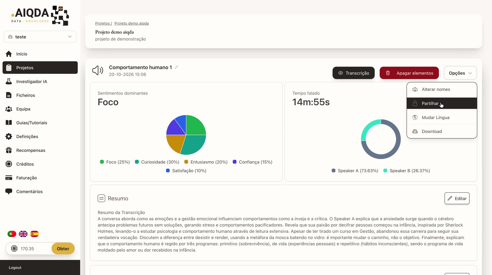Menu Opções com Alterar nomes, Partilhar, Mudar língua e Download