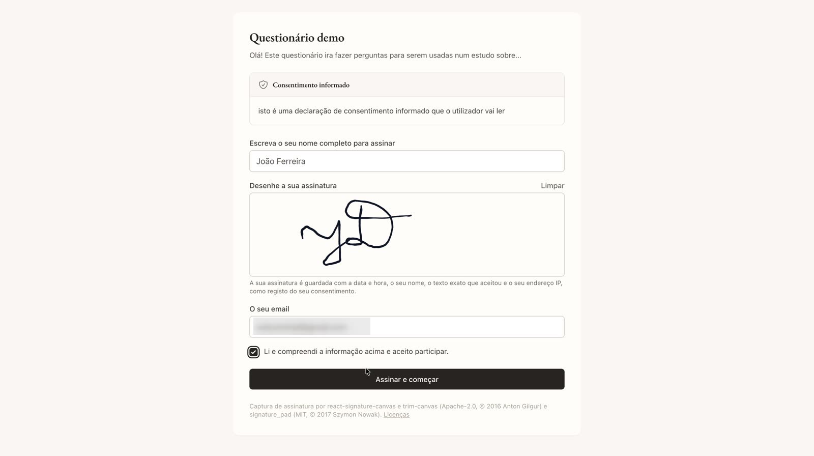 Formulário de consentimento informado com assinatura desenhada