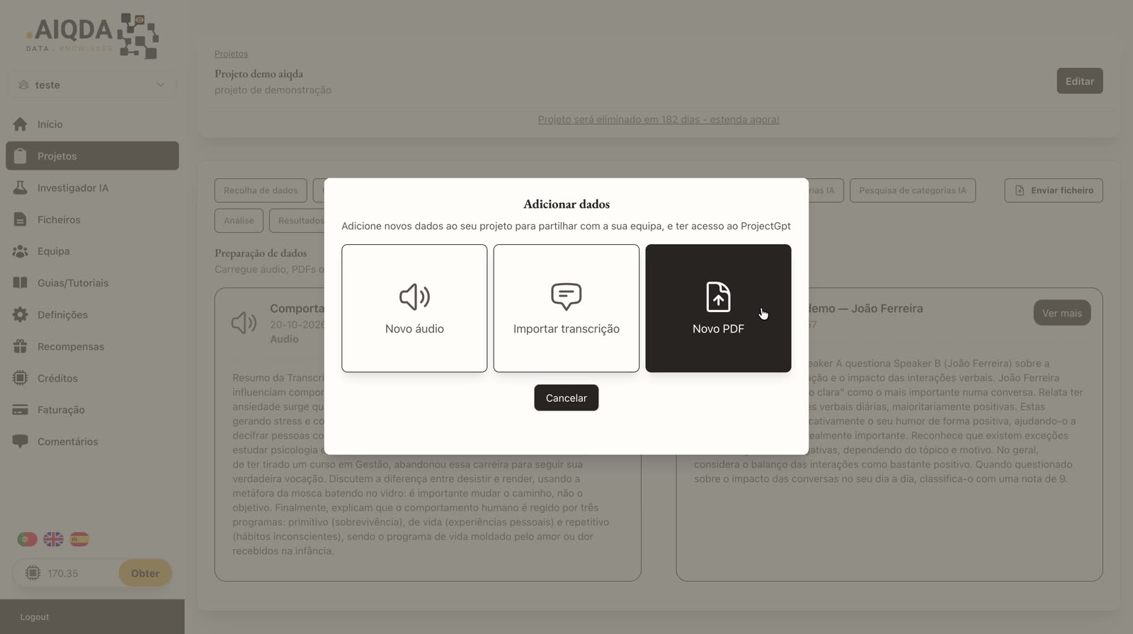 Opción Nuevo PDF en la ventana para agregar datos