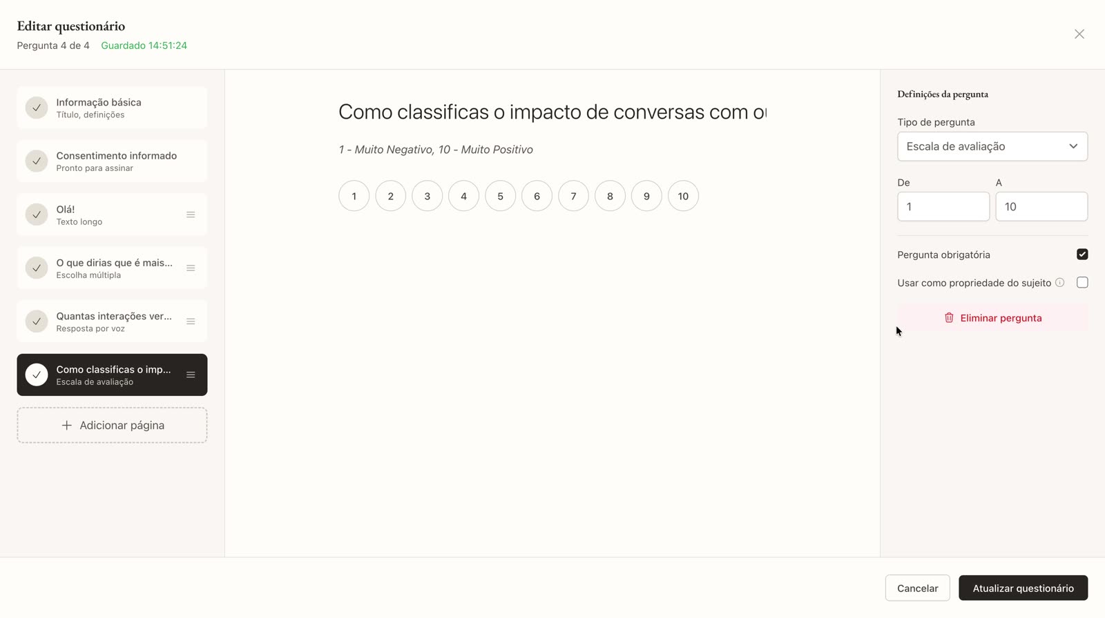 Pergunta com escala de avaliação de 1 a 10