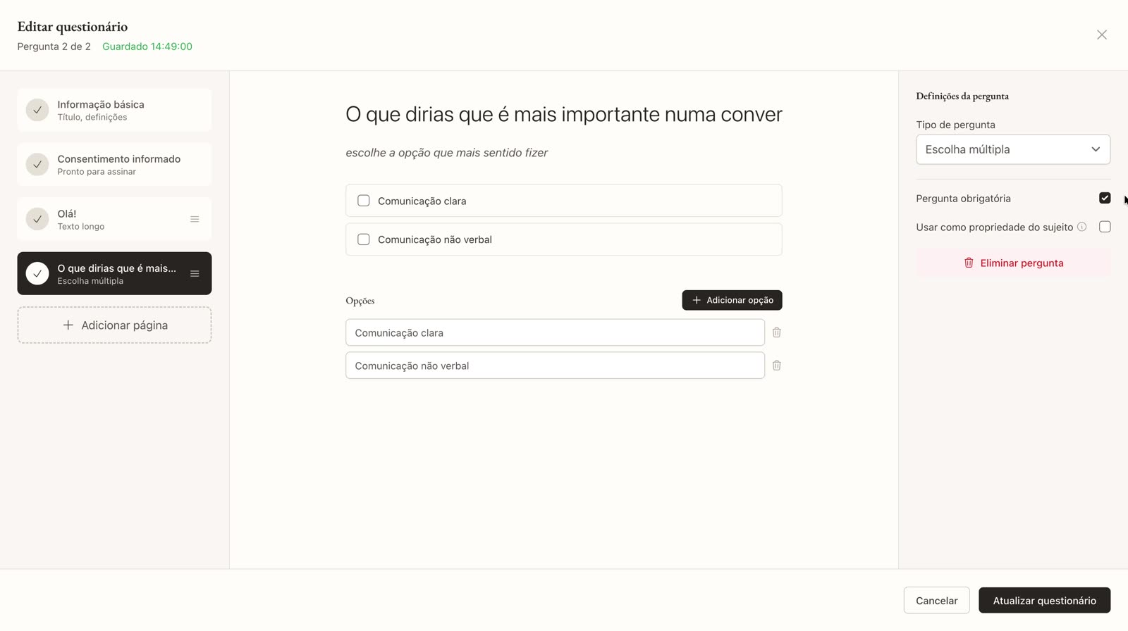 Pergunta de escolha múltipla com duas opções
