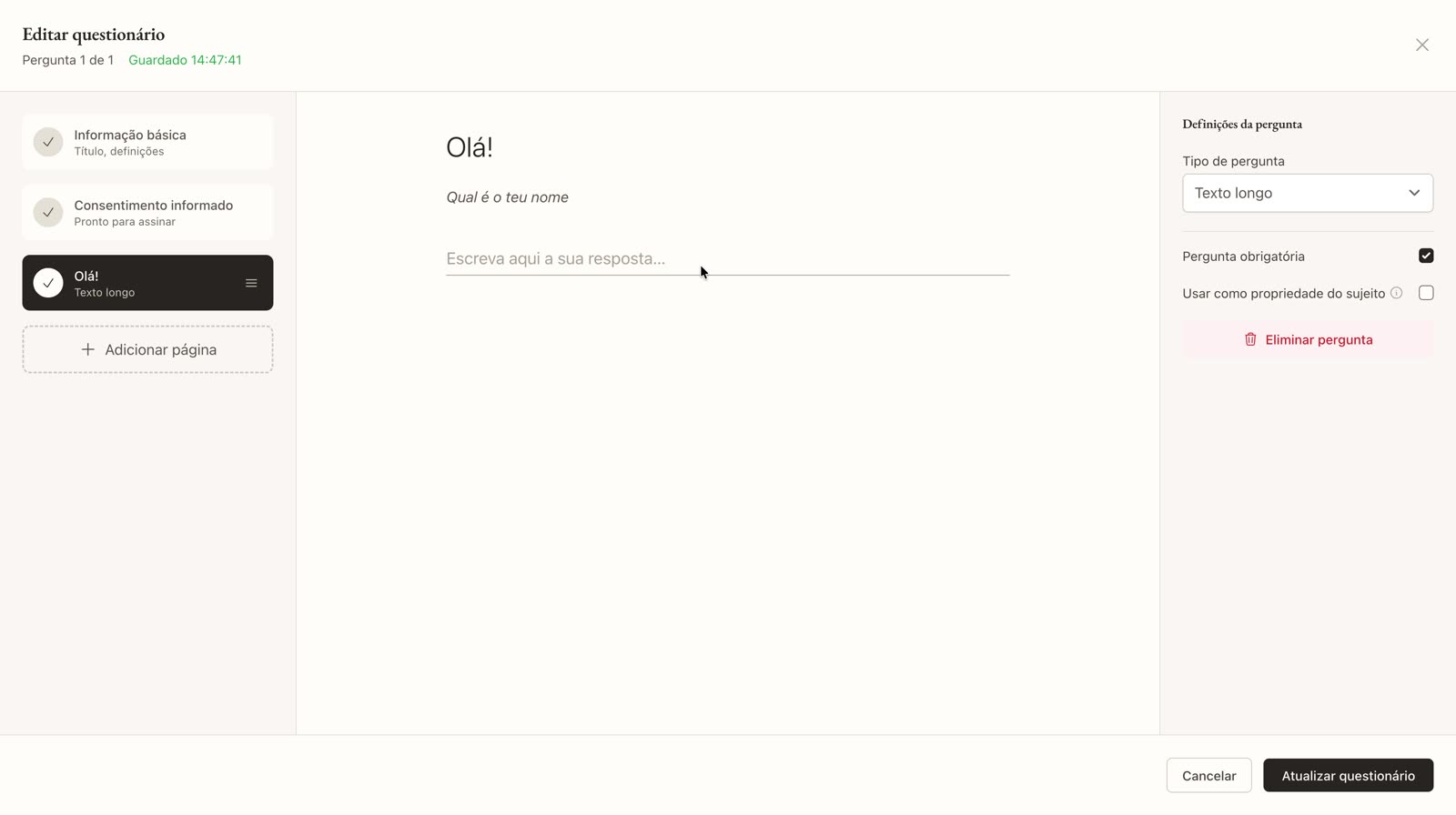 Pergunta de texto longo no editor