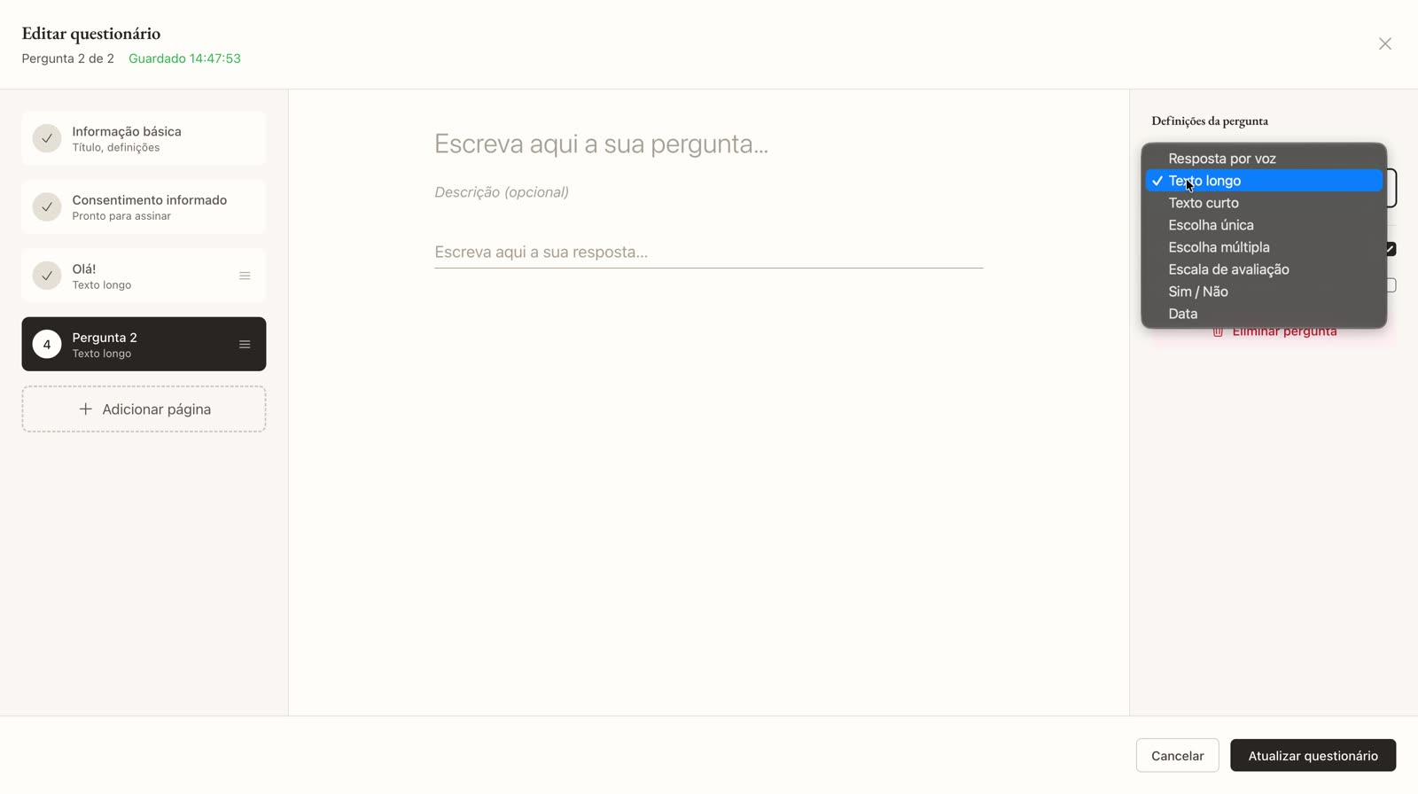 Lista de tipos de pregunta en el editor de cuestionarios de AIQDA