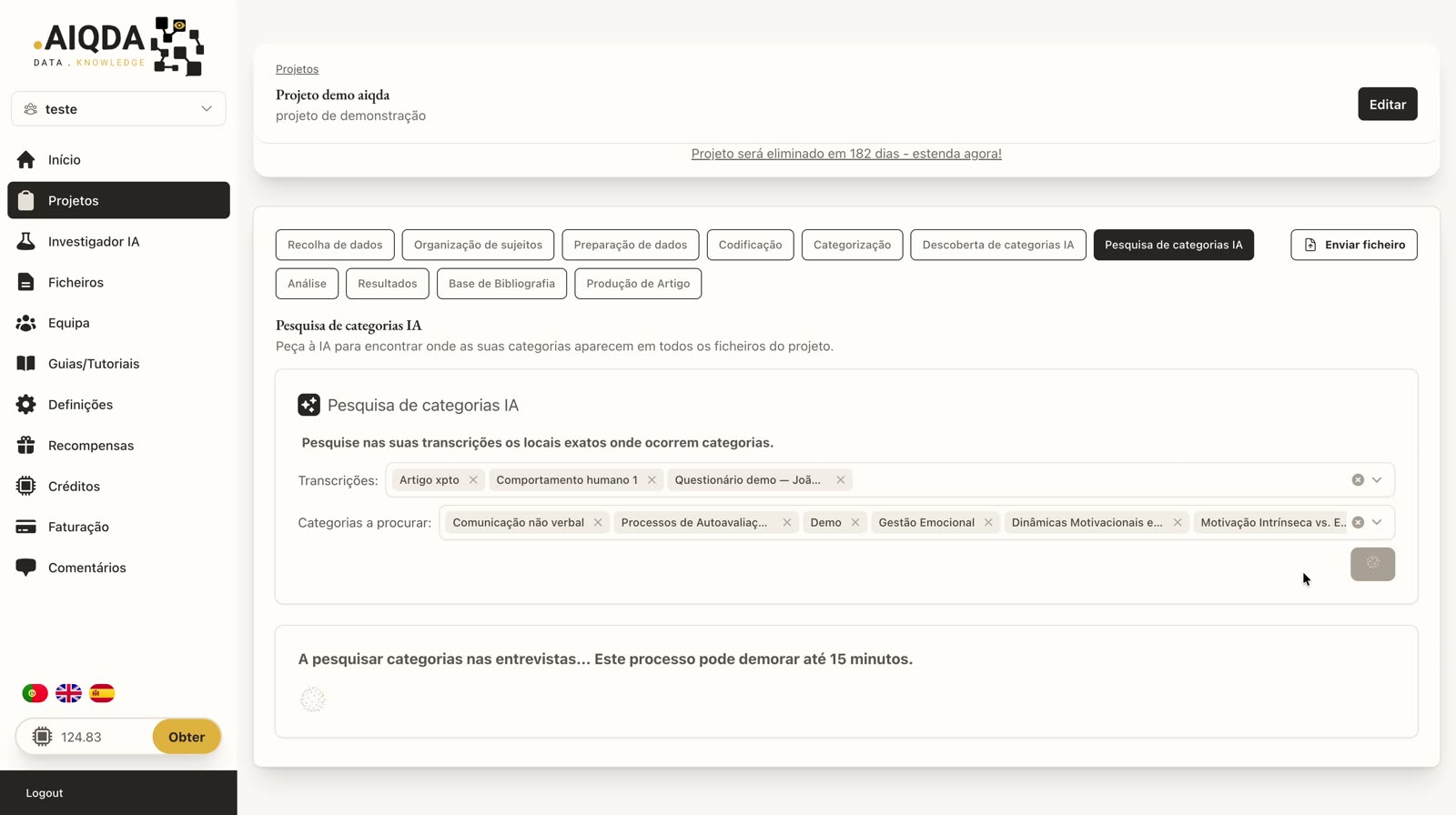 Mensaje de búsqueda de categorías en las entrevistas en curso