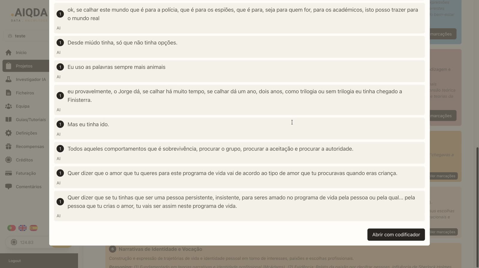 Lista de fragmentos marcados en una categoría