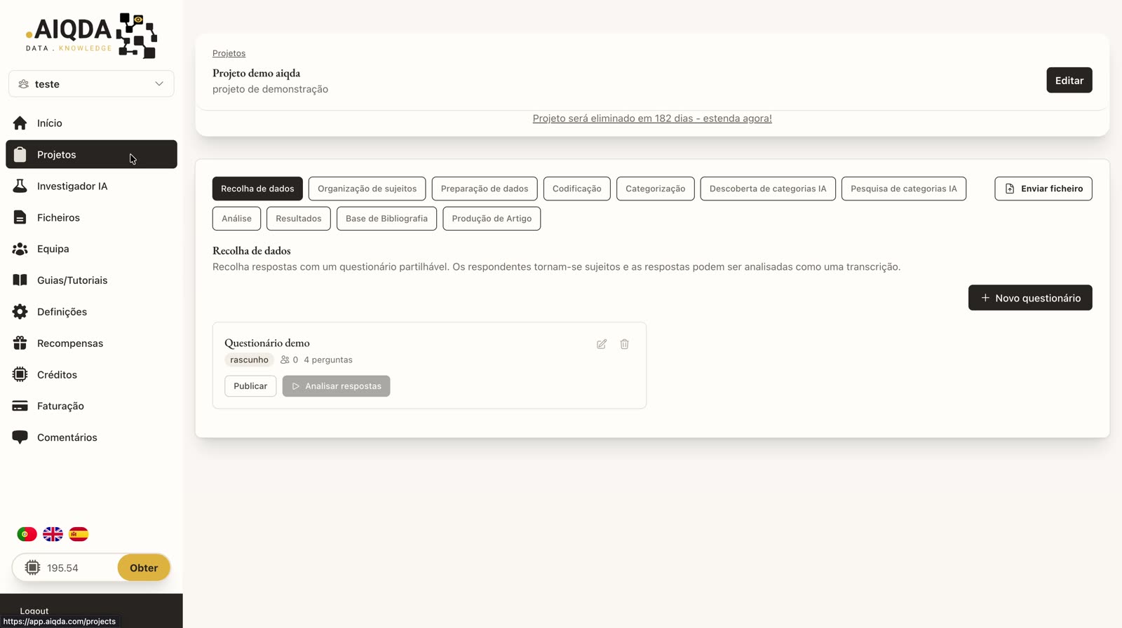 Cartão do questionário com o botão Publicar