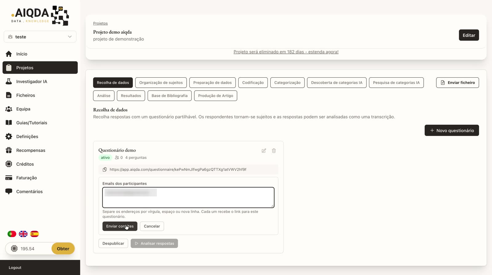 Campo Emails dos participantes e botão Enviar convites