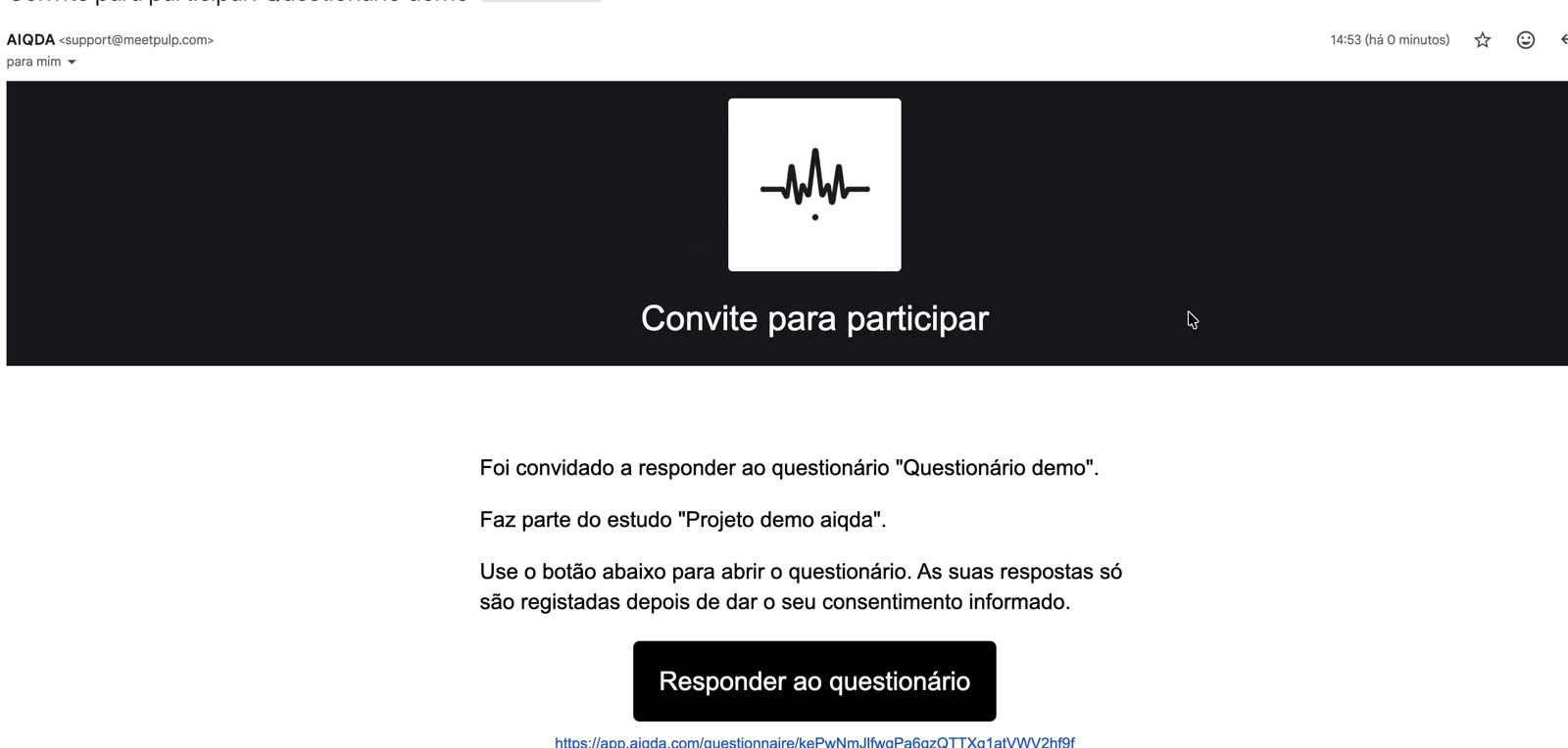 Correo de invitación para responder a un cuestionario de AIQDA