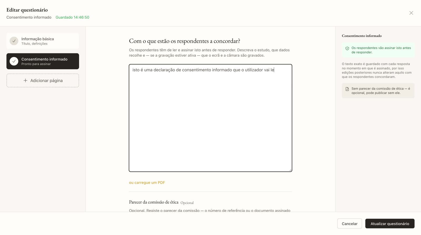 Campo para escrever a declaração de consentimento informado