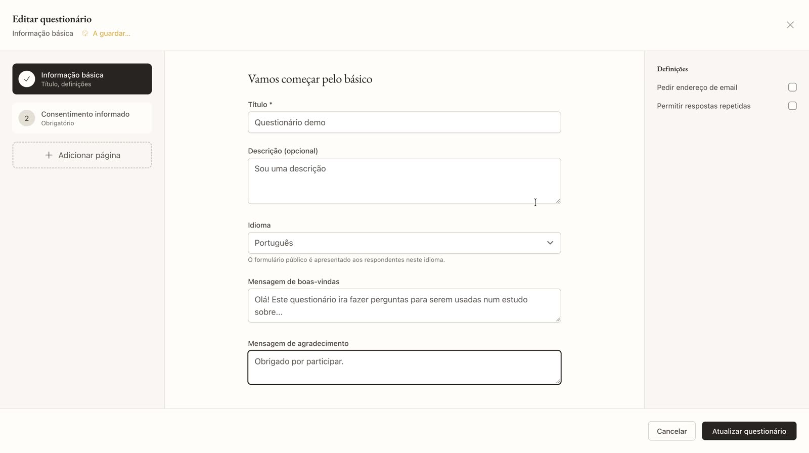 Editor de cuestionarios de AIQDA con la información básica