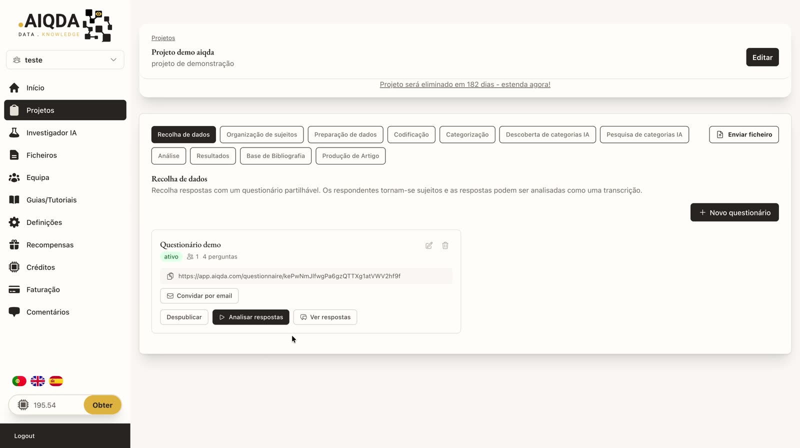 Cartão do questionário com Analisar respostas e Ver respostas