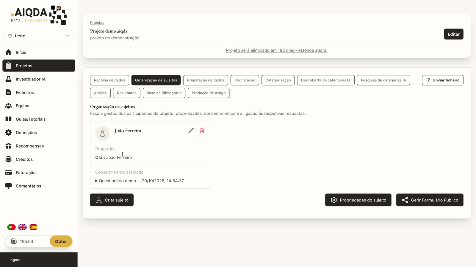Separador Organização de sujeitos com o participante e o consentimento