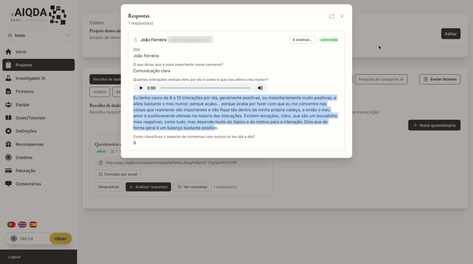 Respuestas de un participante con la grabación transcrita