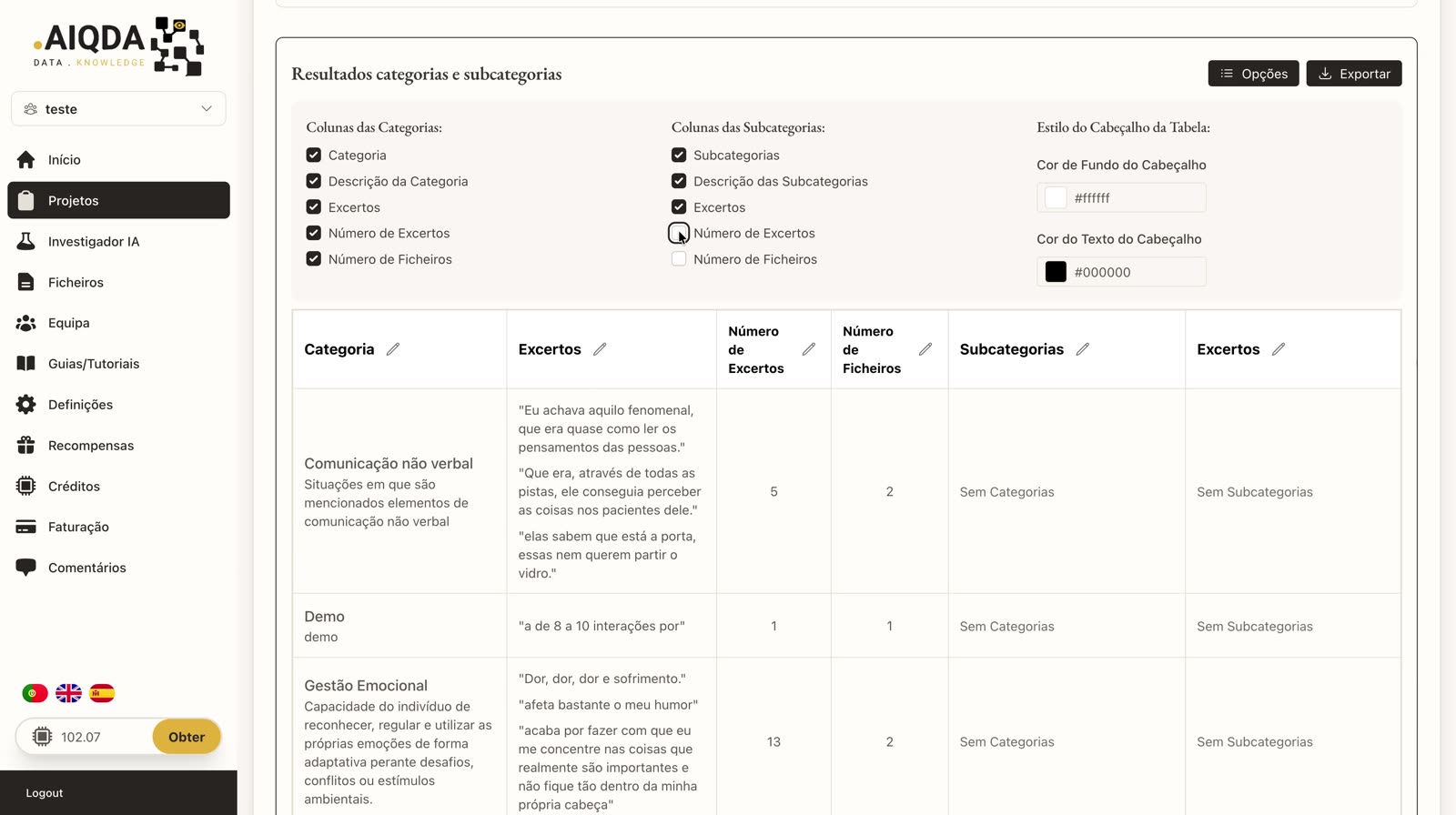 Opções de colunas e estilo da tabela