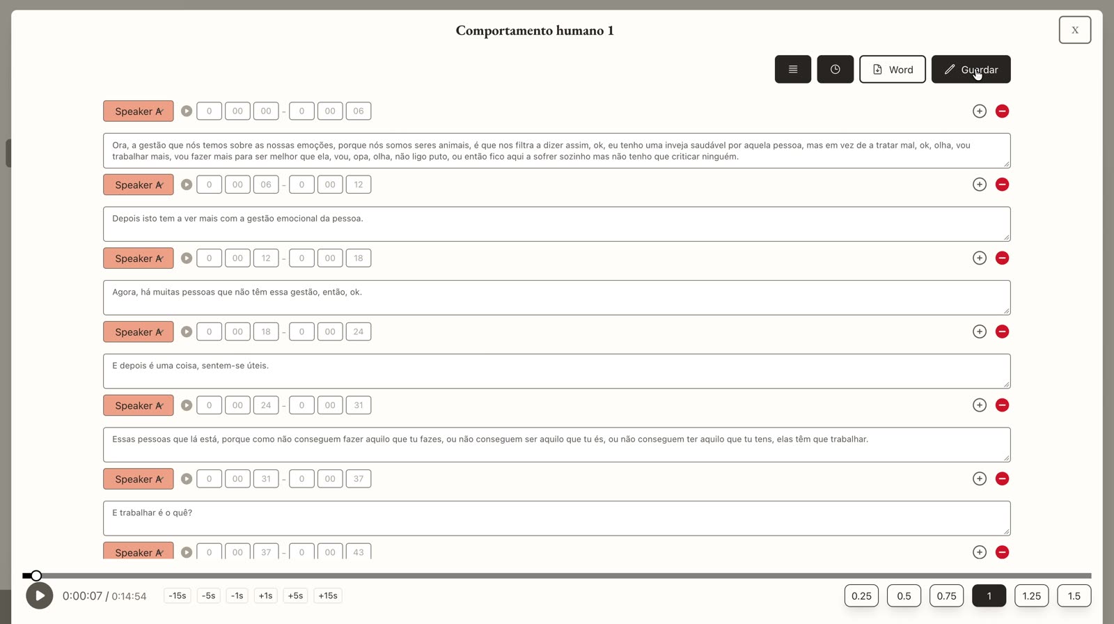 Modo de edición de la transcripción con bloques editables