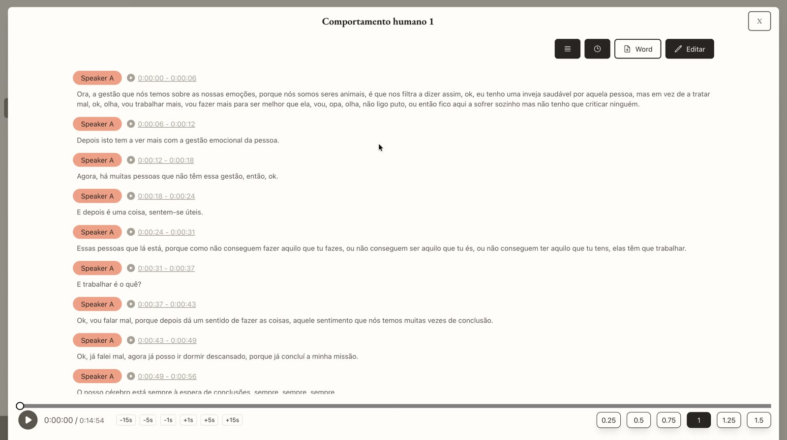 Transcripción de una entrevista en AIQDA con oradores y tiempos